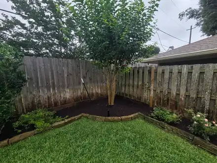 Backyard lawn with a stone-edged bed along the fence (photo 2 of 8)