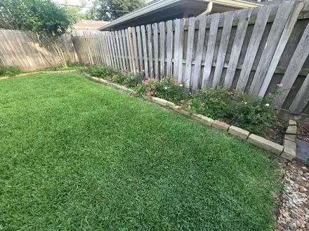 Backyard lawn with a stone-edged bed along the fence (photo 4 of 8)
