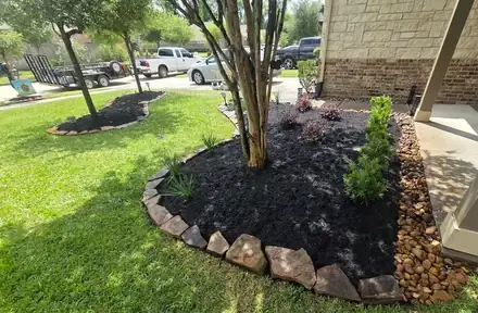 Flower bed with black mulch and a natural stone border (photo 3 of 8)