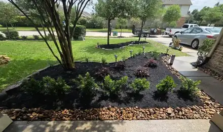 Flower bed with black mulch and a natural stone border (photo 4 of 8)